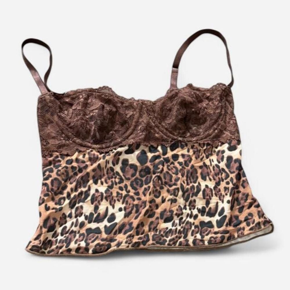 Y2K brown leopard print lace bustier top, est. S